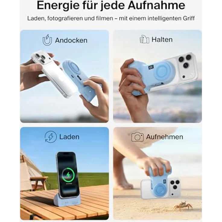 Belkin Stage PowerGrip, Magnetischer Kameragriff mit 9300mAh Powerbank, Einziehbarem USB-C-Kabel, Bluetooth, Stativadapter und LCD-Display, Handyladegerät für iPhone und Pixel – Bild 2