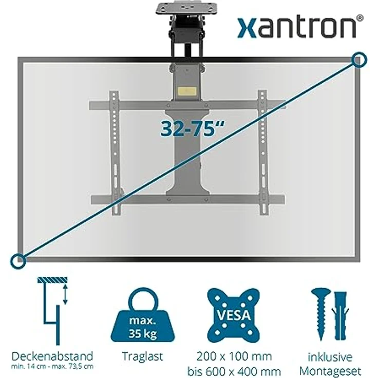 Xantron® DEHA-600E-Roto TV Deckenhalterung Elektrisch Klappbar Neigbar & Drehbar / 32-75 Zoll [Sprachsteuerung] Schwarz – Bild 3