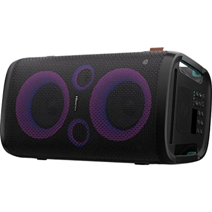 Hisense HP 110 Party Rocker One Plus- Tragbarer Party Lautsprecher mit Karaoke Modus inkl. 2 Mikrofone, 300 W Klangvolumen, DJ Effekte, kabelloses Laden, 5 Lichteffekte, bis zu 15h Akkulaufzeit, IPX4, Schwarz