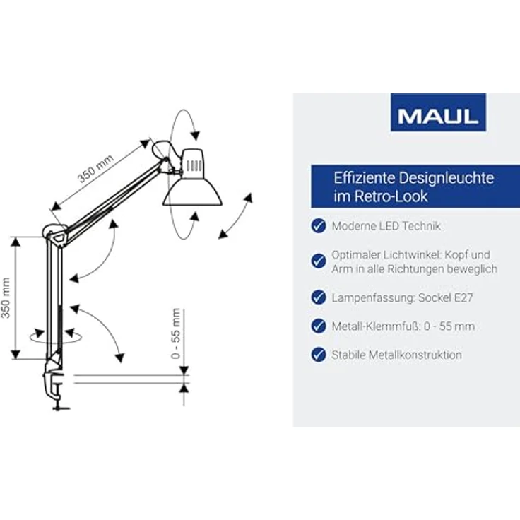 Maul Schreibtischlampe MAULstudy, Design Klemmleuchte Metall, Exklusive Leuchtmittel, Silber, 8230595, 1 Stück – Bild 3