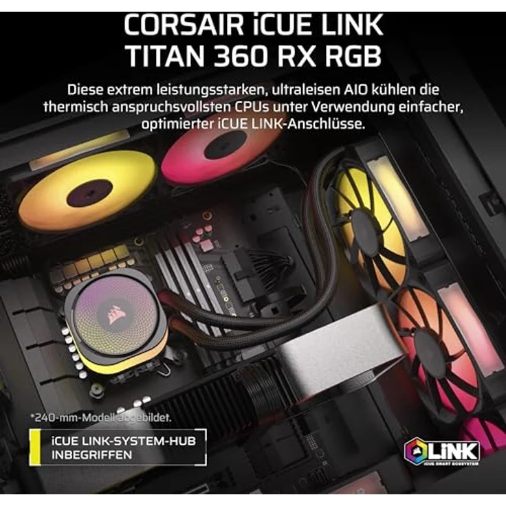 Corsair iCUE LINK Titan 360 RX RGB Flüssig-CPU-Kühler – Schwarz - 360mm AIO – 3X RX120 RGB-Lüfter - iCUE LINK System Hub - PWM-gesteuerte Kühlung – Bild 2