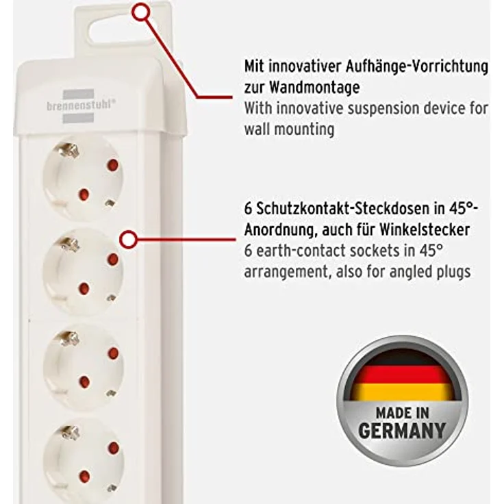 Brennenstuhl Premium-Line, Steckdosenleiste 6-fach (Steckerleiste mit Schalter und 3m Kabel - 45° Winkel der Schutzkontakt-Steckdosen, Made in Germany) weiß – Bild 2