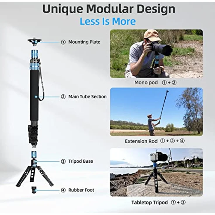 SIRUI P-424FS Kamera Einbeinstativ, 160cm Heavy Duty Carbon Fiber Foto Video Einbeinstativ, 4-Sektion Professional Einbeinstativ mit Füßen, Modular 3 in 1, Quick Release Design, Max Load 12kg – Bild 3
