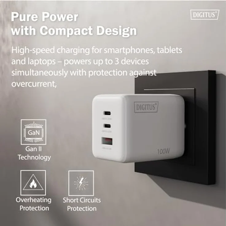 Digitus GaN II Charger 100W, USB Ladegerät mit 2x USB-C und 1x USB-A, weiss – Bild 4