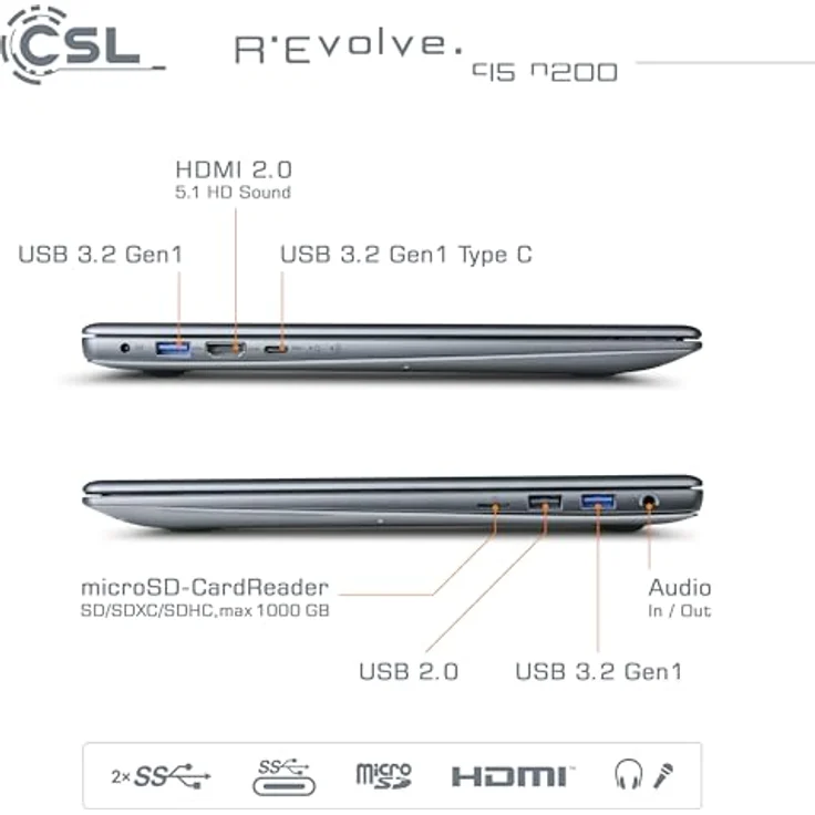 CSL-Computer Notebook CSL R'Evolve C15 v3 Windows 11 Pro - Ultra-Slim Laptop, 15,6 Zoll Display FHD 1920x1080 IPS, Intel N200 CPU 4x3700 MHz Turbotakt, 2000 GB M.2 SSD, 16 GB DDR4-RAM, USB 3.2, BT 5.1, AC WLAN - Mit eleganter Optik und leistungsstarker Ausstattung – Bild 4