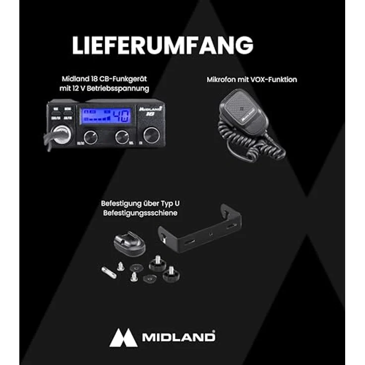 Midland CB-Fahrzeugfunkgerät MIDLAND 18, 4 W Leistung, digitales Rauschsperrensystem, mehrfarbiges Display, Zigarettenanzünderanschluss – Bild 8