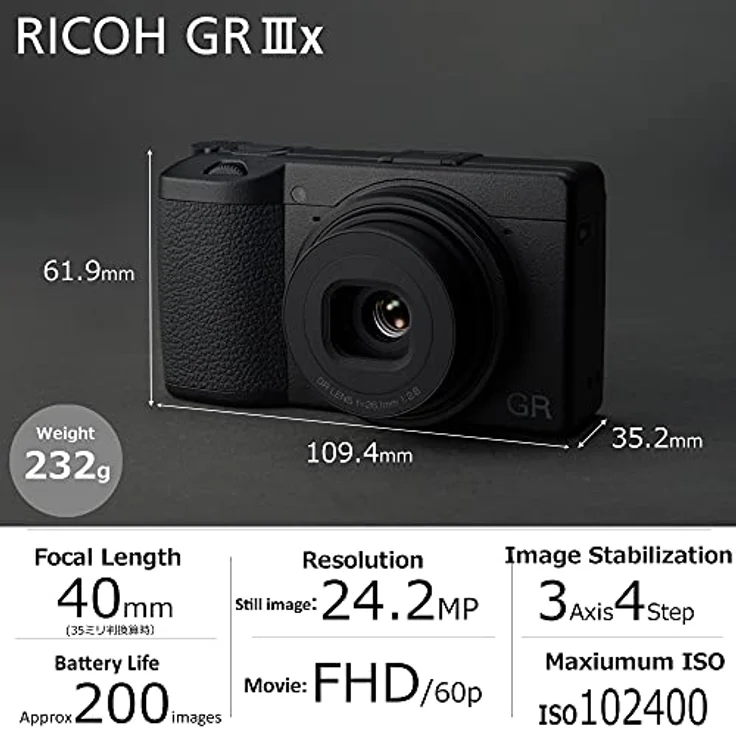 Ricoh GR III x - High-End-Kompaktkamera (24,24 MP, APS-C, Full HD, Autofokus, Wi-Fi, Bluetooth, USB) schwarz – Bild 2