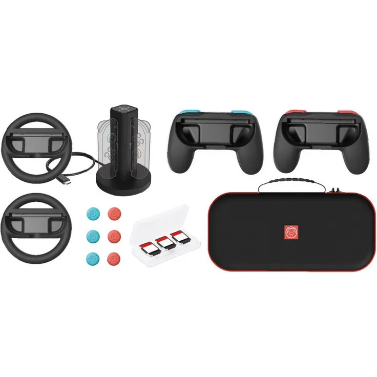 Qware Gaming Starter Kit für Nintendo Switch 2, Zubehörset mit Schutzhülle, 2 Racing Wheels, Ladestation für 4 Joy Con Controller