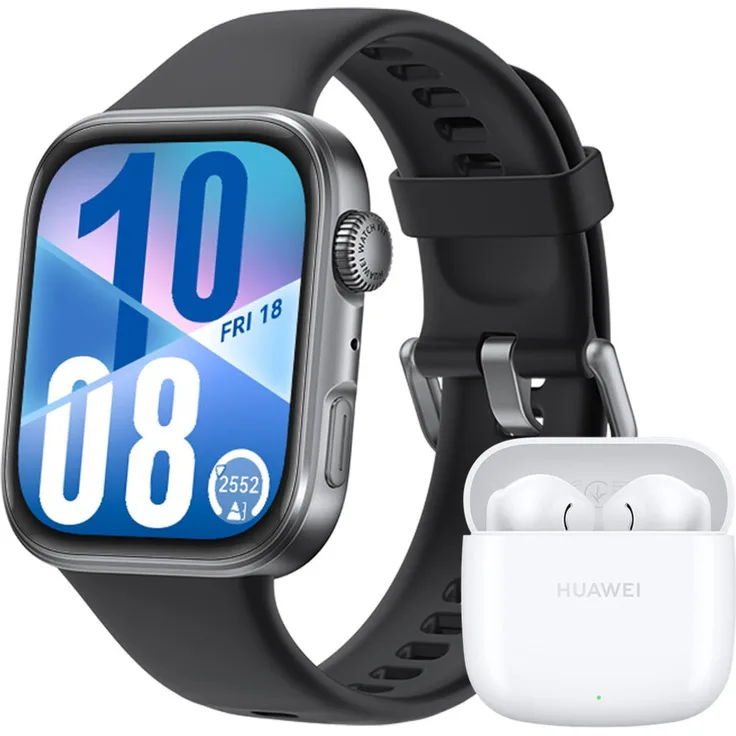 HUAWEI Watch Fit 4, Smartwatch mit schwarzem Gehäuse und schwarzem Fluorelastomer-Armband, Dual-Band GPS, NFC-Zahlung + FreeBuds SE 2, In-Ear-Kopfhörer mit 40 Stunden Akkulaufzeit