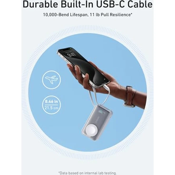Anker MagGo Powerbank für Apple Watch, 10.000mAh mit integriertem USB-C-Kabel, 35W Max. -  Offiziell zertifiziert für Apple Watch, kompakt und reisefreundlich - Blau – Bild 4