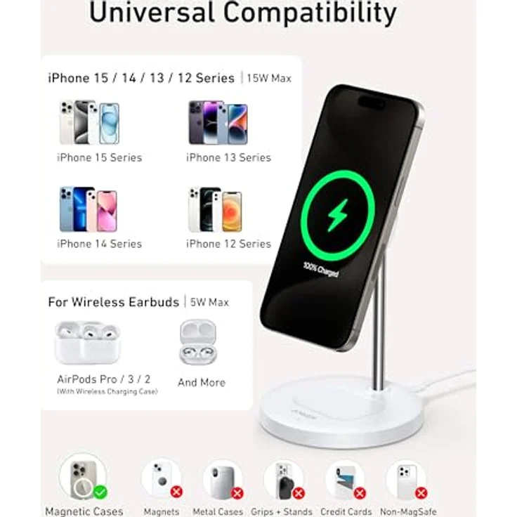 Anker MagGo Wireless Ladegerät 2-in-1 Ständer, 15W Hochgeschwindigkeitsladung, Qi2 zertifiziert, faltbar, Weiß – Bild 7