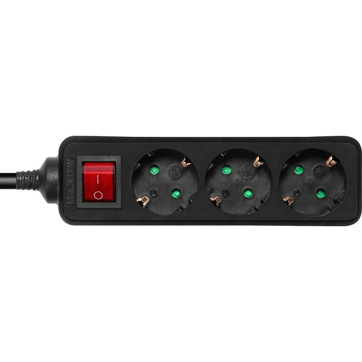 Deltaco GT-0361 Steckdosenleiste, 3 AC-Ausgänge, 3680 Watt, abgewinkelter Netzstecker, 3 m, schwarz
