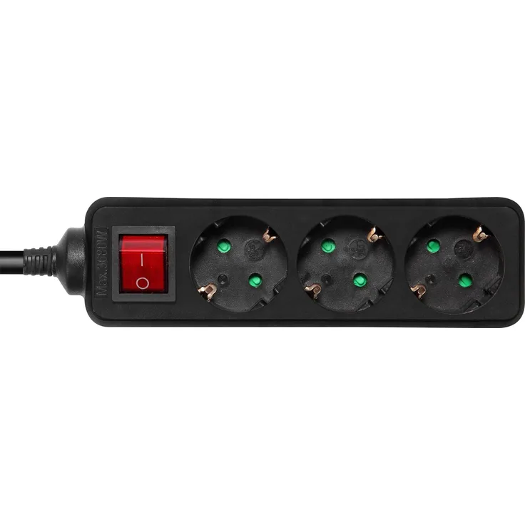 Deltaco GT-0361 Steckdosenleiste, 3 AC-Ausgänge, 3680 Watt, abgewinkelter Netzstecker, 3 m, schwarz