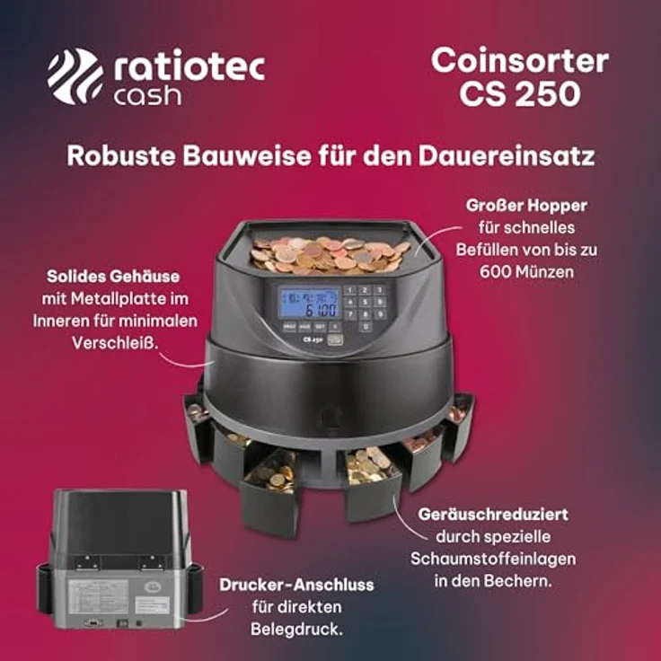 ratiotec Münzzähl- und Sortiermaschine CS 250, 550 Münzen/Min, LED-Display, 8 Hartgeldfächer, robustes Kunststoffgehäuse – Bild 4
