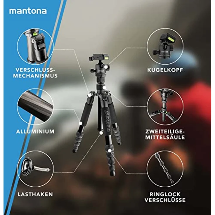 Mantona light traveller – leichtes Aluminium Reisestativ, extrem leicht 1,1kg und kompakt 30,5 cm, Einbeinfunktion, 360° Panorama Kugelkopf Arca-Swiss kompatibel, mit Tasche, schwarz – Bild 2