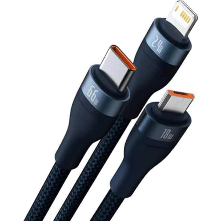 Baseus Flash Serie II 3-in-1 Schnellladekabel USB-A zu USB-C/Micro-USB/Lightning, 66W, 480Mb/s, 1,2m, Blau – Bild 2