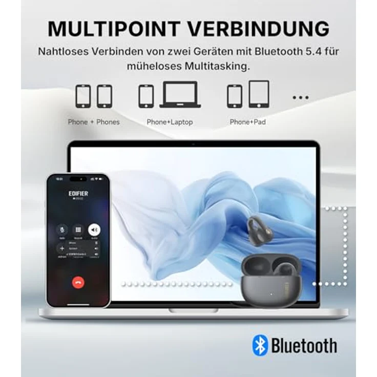Edifier R1 Open-Ear True Wireless Earbuds, Bluetooth 5.4, AI Clear Calls, 28 Std. Akku, Schnellladung, Multipoint-Verbindung, IP56, Grau – Bild 5