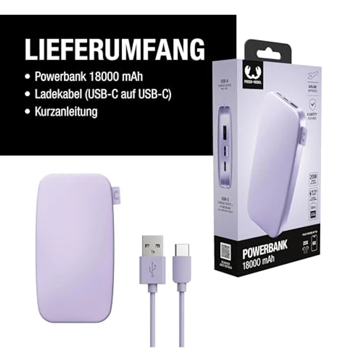 FRESH N REBEL 2PB18100DL2 Powerbank, 18000 mAh, 20W PD Ultra Fast Charging, lila, USB-A und USB-C, 6 Sicherheitsfunktionen – Bild 7