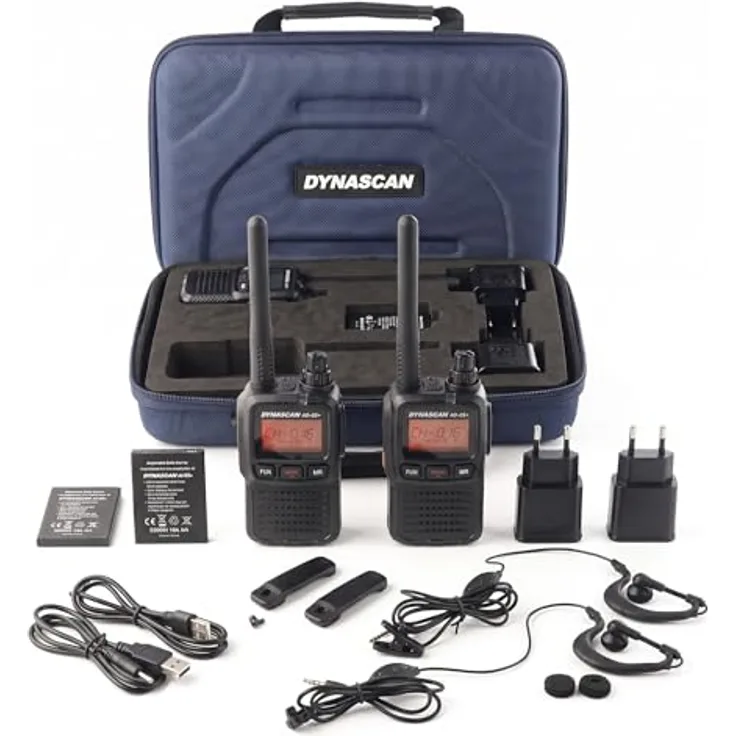 DynaScan AD-09+ Plus PMR-446 Funkgerät 2er-Set mit USB-Ladegeräten, Headsets und Koffer - Lizenzfrei