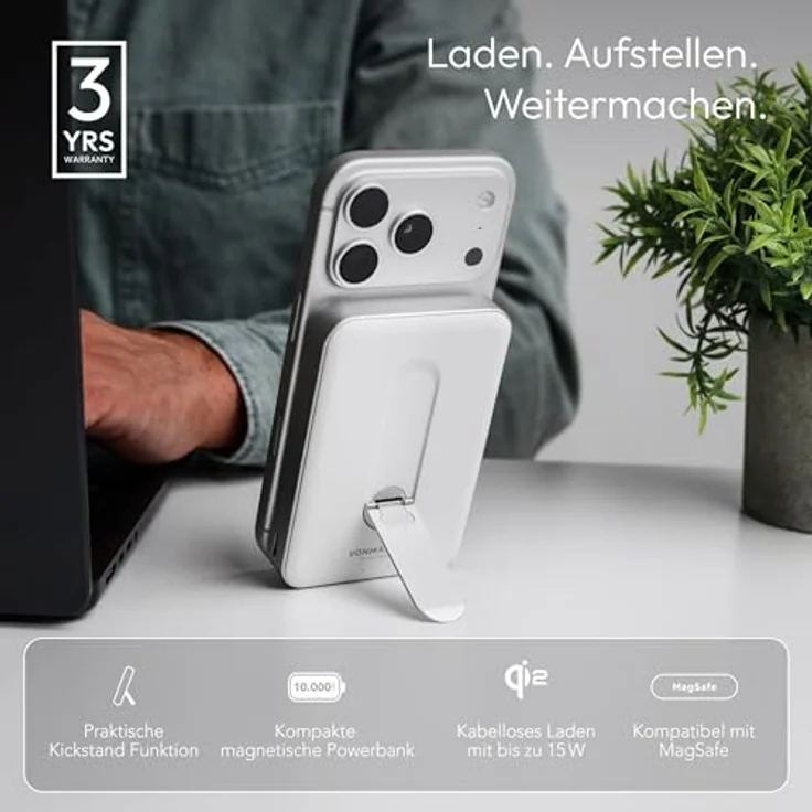 VONMÄHLEN Evergreen Mag, 10.000 mAh Qi2-Powerbank mit Kickstand, 15W kabelloses Laden, 20W USB-C, integrierter Standfuß, LCO-Akku, 3 Jahre Garantie – Weiß – Bild 2