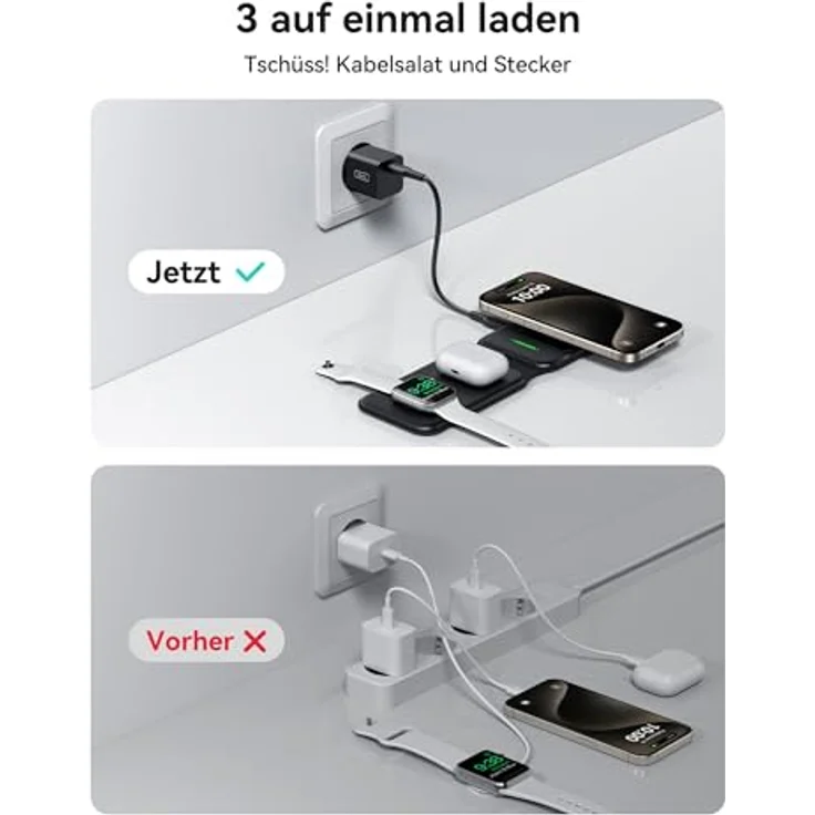 INIU 15W MagSafe Ladestation 3 in 1, Faltbares Wireless Charger Qi2-Zertifikat für iPhone 16/15/14/13/12, Apple Watch 9/8/7/6/SE, AirPods 4/3/Pro 2 (mit 20W Adapter und USB-C-Kabel) – Bild 3