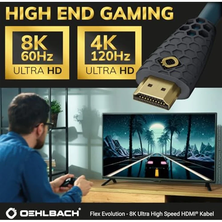 OEHLBACH Flex Evolution HDMI Kabel - Patent - Knickschutz Gewebemantel - 8K Ultra High-Speed HDMI-Kabel - 8K FUHD 60Hz 4320p - 4K 120Hz 2160p - 48Gbit-s (21:9 Cinema, 3D, Dolby Vision, Dynamic HDR 10+, VRR, eARC, UHD2) 1 m – Bild 6
