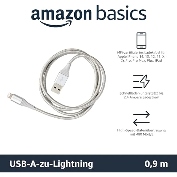 AmazonBasics – Verbindungskabel Lightning auf USB-A, doppelt Nylon-umflochten, fortschrittliche Kollektion, MFi-zertifiziertes Ladekabel für iPhone, silberfarben, 91,2 cm – Bild 2