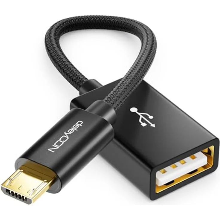 deleyCON 10cm Micro USB OTG Adapter Kabel mit USB-A Buchse, Nylon, Schwarz, 480 MBit/s Übertragungsgeschwindigkeit