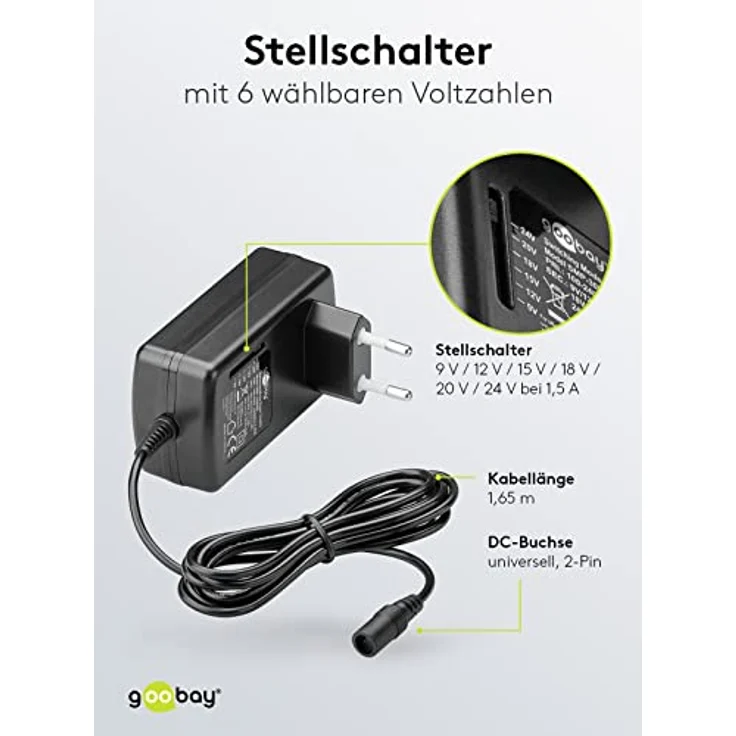 Goobay 54799 Universal Netzteil 9V - 24V max 24 W Netzgerät mit Adapter 1x Klinkenstecker & 6x DC-Stecker 1500 mA Steckernetzteil Schwarz – Bild 3