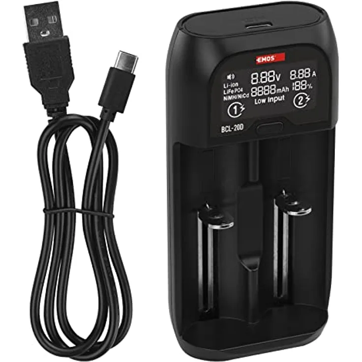 EMOS universales Batterie-Ladegerät für AAA, AA, C, SC Akkus/Smart-Ladegerät für Li-ion, LiFePO4, NiMH, NiCd Akkutypen + USB-Kabel 5V/2A N9221