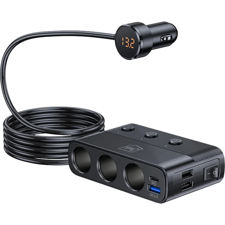 3mk Car Power Splitter, 7-in-1 Auto Ladegerät mit 3 Zigarettenbuchsen und 4 USB-Anschlüssen, 10A PD 120W, Schwarz