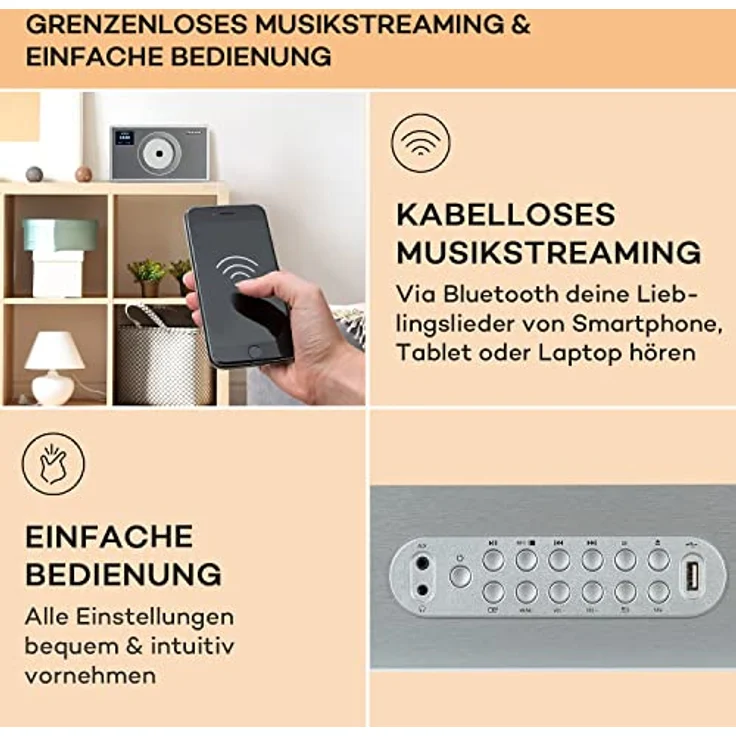 Auna DAB Radio für Küche & Bad, CD Player zur Wandmontage mit Bluetooth, DAB/DAB+/FM, LCD Display, MP3-Streaming, Digitalradio mit Wecker & Fernbedienung, Holzgehäuse – Bild 4