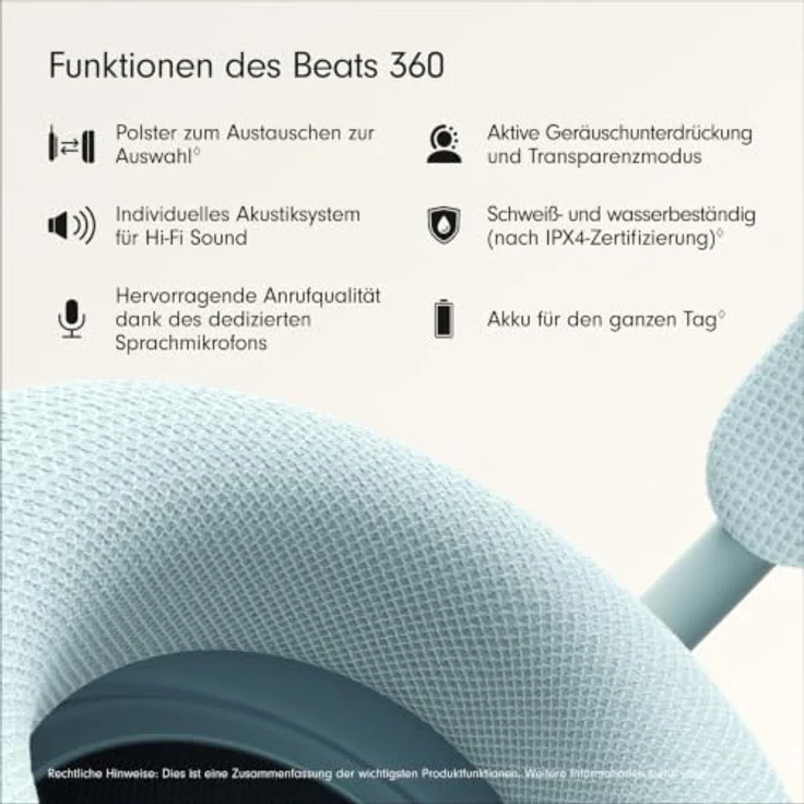 Beats 360, Over-Ear Kopfhörer mit austauschbaren Polstern, schweiß- und wasserbeständig, Geräuschunterdrückung, in Himmelblau mit Performance-Polstern aus Strickgewebe – Bild 2