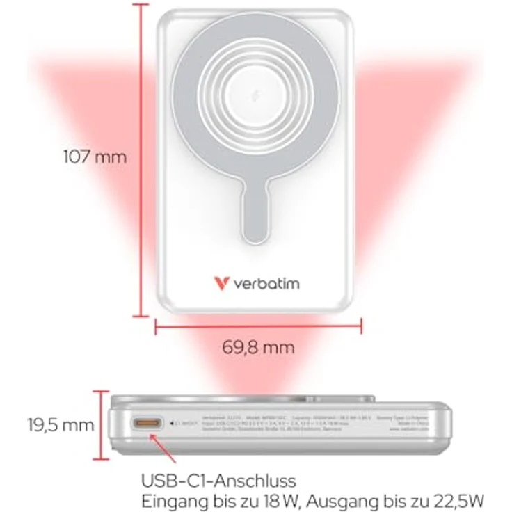 Verbatim Charge 'n' Go MagSafe Powerbank 10000mAh [Silber], 15W kabelloses Laden, PD 22,5W Schnellladung, klappbarer Ständer für iPhone 17/16/15 Pro, inkl. 2 USB-C Kabel – Bild 4