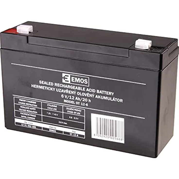 EMOS Wartungsfreier Bleiakku 6V 12Ah AGM Batterie Faston 4,7mm Anschluss für Alarmsysteme, Brandmeldetechnik, USV-Geräte 151x51x94 mm