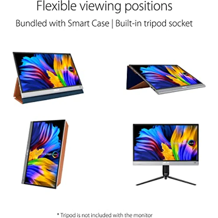 ASUS ZenScreen OLED MQ16AH | 15,6 Zoll tragbarer USB Monitor | 100% DCI-P3, Full HD 1920x1080, 16:9, 1ms, HDR 10 | 650g leicht, Typ-C USB, Mini HDMI, Autorotation, Smartcase, Stativ Sockel, glänzend – Bild 4