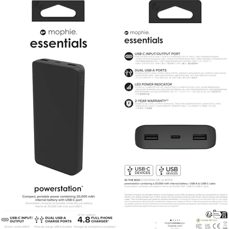mophie PS 20K with PD Black 20W USB C&A (20000 mAh, 20 W), Powerbank, Schwarz – Bild 3