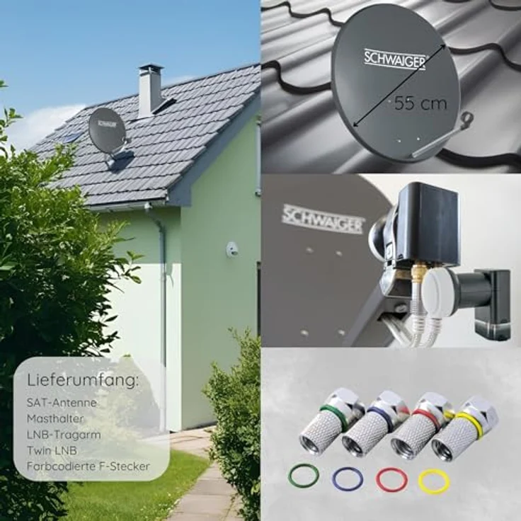 SCHWAIGER Satellitenschüssel Komplettset 55cm, Twin LNB digital HD 4K, wetterfest in Anthrazit mit Masthalterung und Montagematerial für Astra, Hotbird, Eutelsat, Türksat, Amos – Bild 2