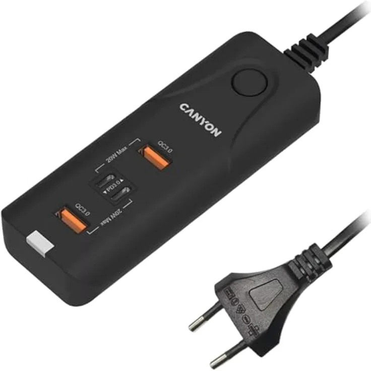 Canyon Power Adapter 2xUSB-C + 2xUSB-A 40W PD/QC3.0 schwarz - Ladegerät mit 4 Anschlüssen, 40 W Ausgangsleistung