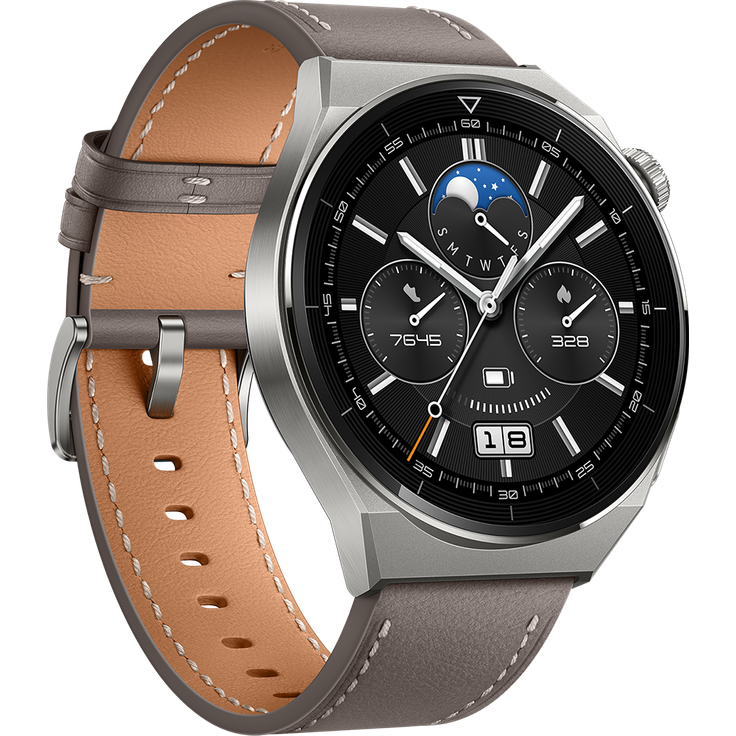 Huawei Watch GT3 Pro Classic Smartwatch GPS, Unisex, 46mm, Lederarmband, Grau