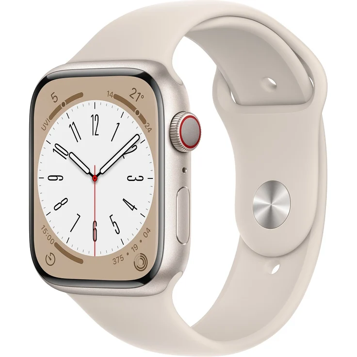 Apple Watch Series 8 Smartwatch GPS + Cellular, 45mm, Aluminiumgehäuse Polarstern, Sportarmband Polarstern (MNK73FD/A) – Bild 1