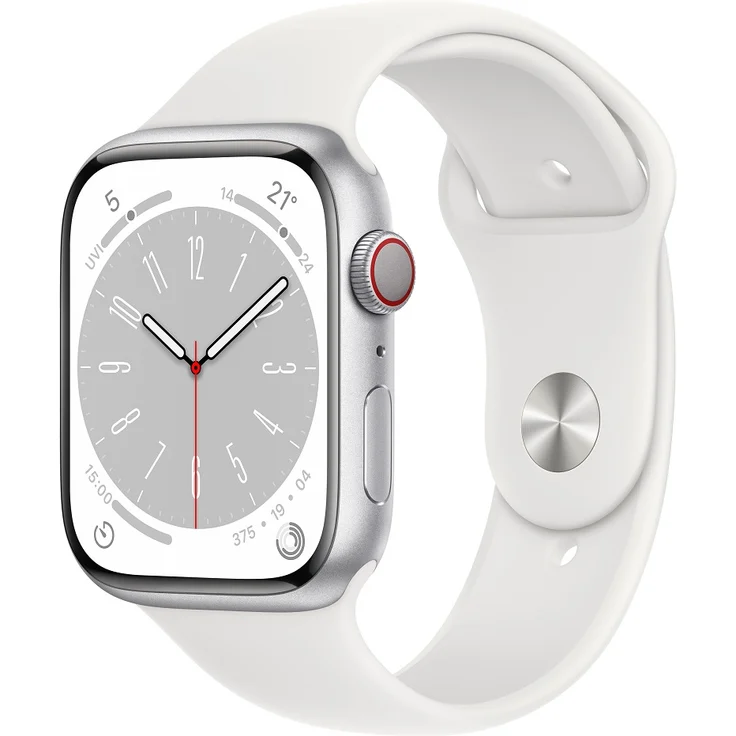 Apple Watch Series 8 Smartwatch GPS + Cellular, 45mm, Aluminiumgehäuse Silber, Sportarmband Weiß (MP4J3FD/A) – Bild 1