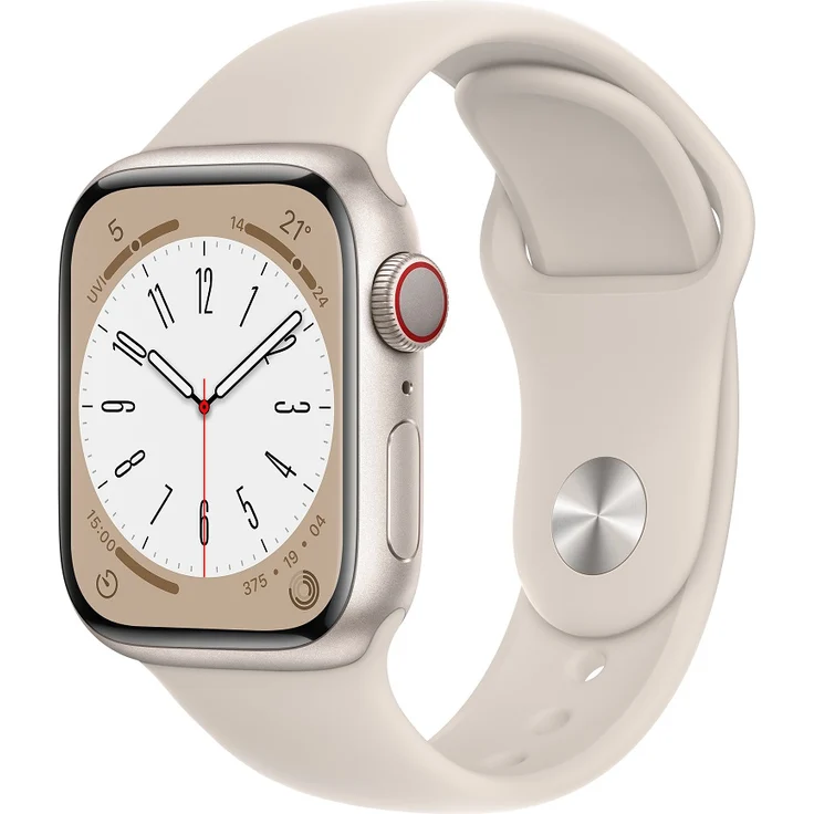 Apple Watch Series 8 Smartwatch GPS + Cellular, 41mm, Aluminiumgehäuse Polarstern, Sportarmband Polarstern (MNHY3FD/A) – Bild 1