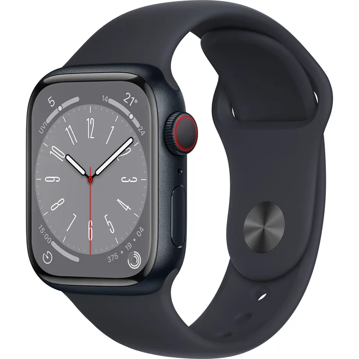 Apple Watch Series 8 Smartwatch GPS + Cellular, 41mm, Aluminiumgehäuse Mitternacht, Sportarmband Mitternacht (MNHV3FD/A)