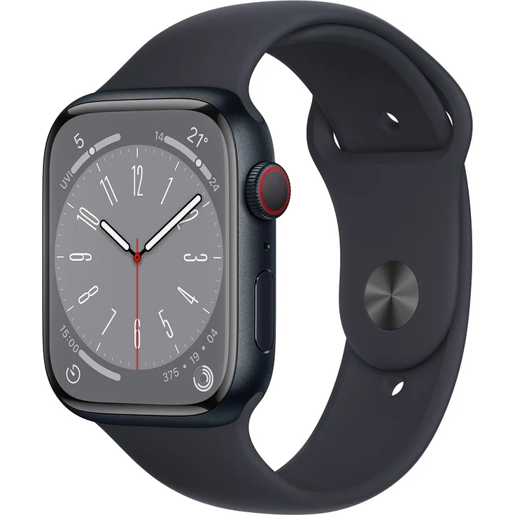 Apple Watch Series 8 Smartwatch GPS + Cellular, 45mm, Aluminiumgehäuse Mitternacht, Sportarmband Mitternacht (MNK43FD/A) – Bild 1