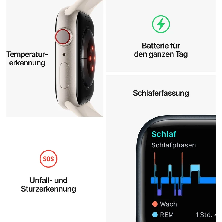Apple Watch Series 8 Smartwatch GPS + Cellular, 45mm, Aluminiumgehäuse Polarstern, Sportarmband Polarstern (MNK73FD/A) – Bild 8
