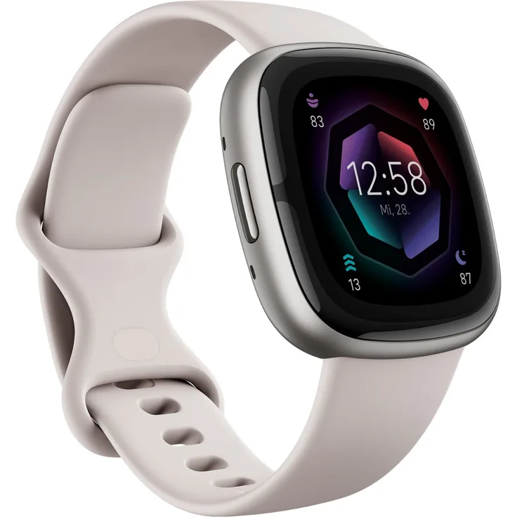 Fitbit Sense 2 Smartwatch GPS, Damen, 40,5mm, Silikonarmband in Mondweiß, Aluminiumgehäuse in Platin