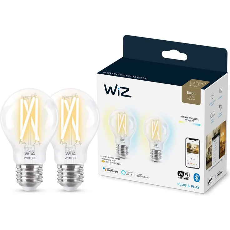 WiZ 60W E27 Standardform Filament Clear (TW) Doppelpack