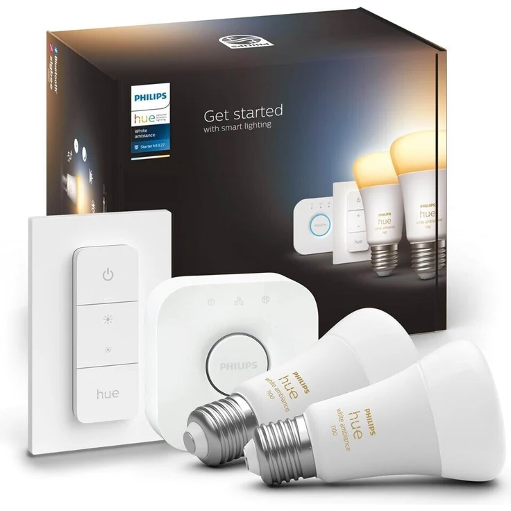 Philips Hue White Ambiance E27 - Starter Set mit 2 Glühbirnen, 2x E27/8W + Bridge + Dimmschalter (929002468406) – Bild 3
