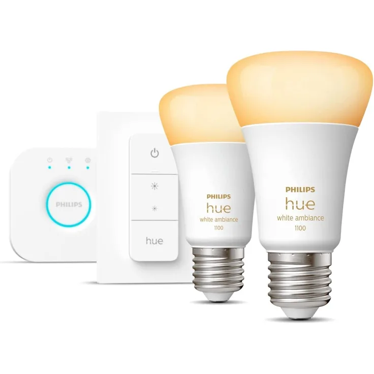 Philips Hue White Ambiance E27 - Starter Set mit 2 Glühbirnen, 2x E27/8W + Bridge + Dimmschalter (929002468406)